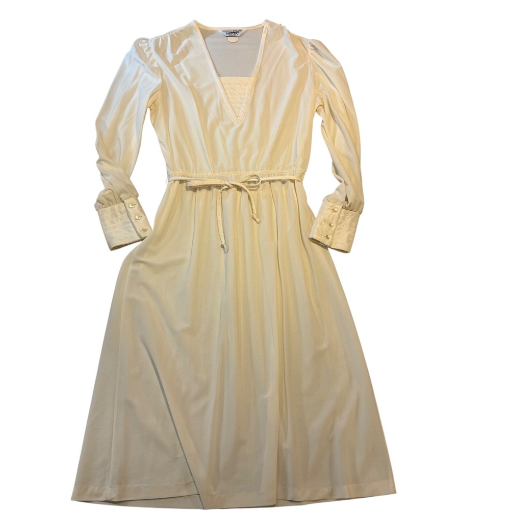 Vintage Cream Long Sleeve Midi Dress V-Neck Quilted Cuffs Size 14 1980s USA